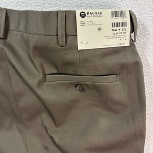 Haggar Premium No Iron Khaki Pants Mens 36x30 Brown Flat Front Stretch NWT